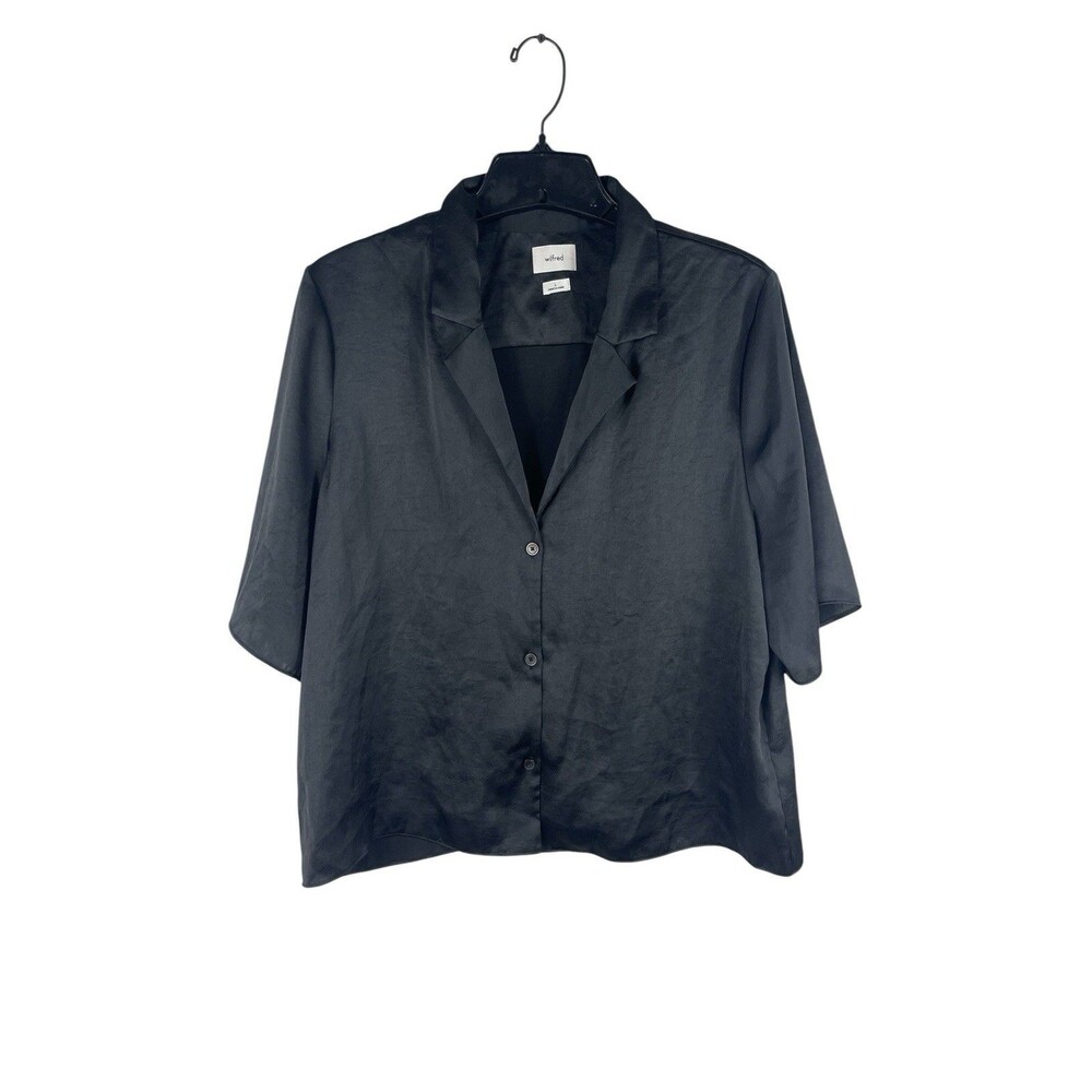 Wilfred Aritzia Black Satin Button Front Blouse Womens L Short Sleeve Minimalist